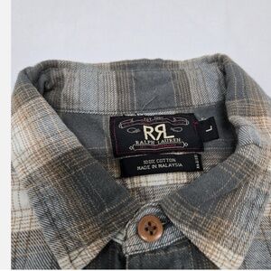 Men's LARGE Ralph Lauren RRL Plaid Work Shirt Flannel Button Up Grey/White/Gold